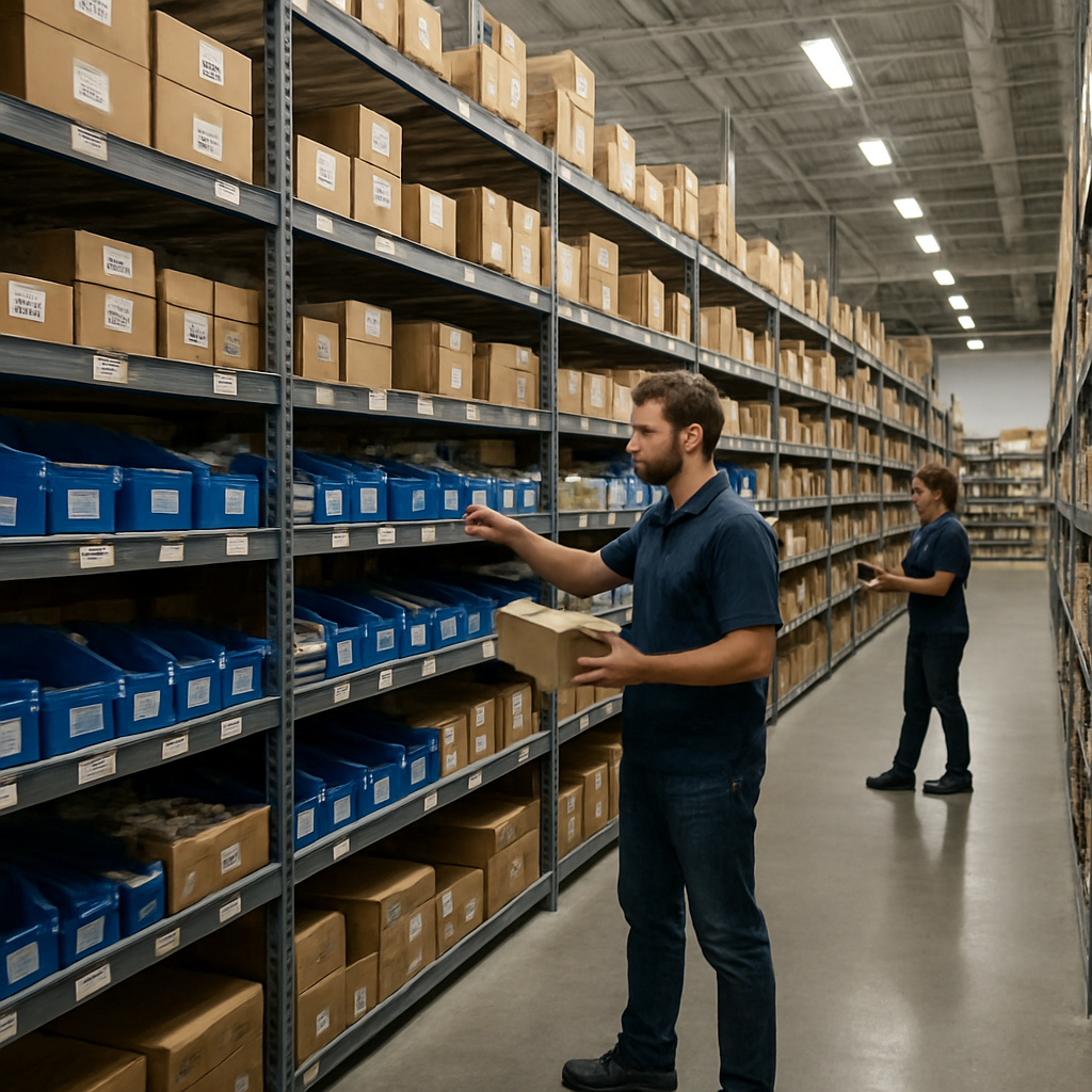 Zeber Network Technology warehouse in Hong Kong with shelves of labeled electronic parts